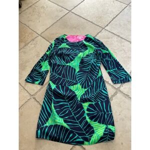 Lilly Pulitzer Under the Palms Dress 3/4 sleeves Navy and Green Palms - Size 0